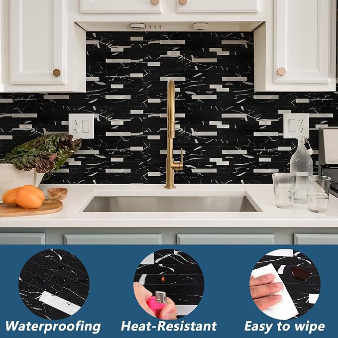 Yipscazo 20 Sheets Peel and Stick Stone Metal Backsplash Tiles, PVC Wall Tiles Stick on Backsplash for Kitchen, Bathroom (6'' X 12'', Black Rock)