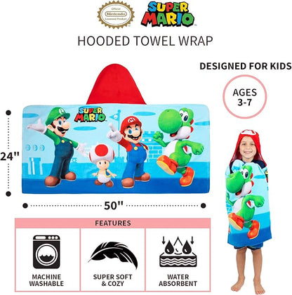 Super Mario Bath/Pool/Beach Soft Cotton Terry Hooded Towel Wrap, 24 in x 50 in, By Franco Kids