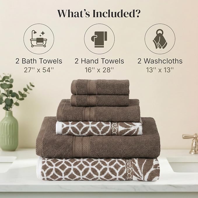 Modern Threads 6 Piece Bath Towel Set – Bathroom Set with 2 Bath Towels, 2 Hand Towels, and 2 Wash Cloths – 100% Cotton, Super Absorbent & Extra Soft – Reversible Botanical Vine (Taupe Brown)