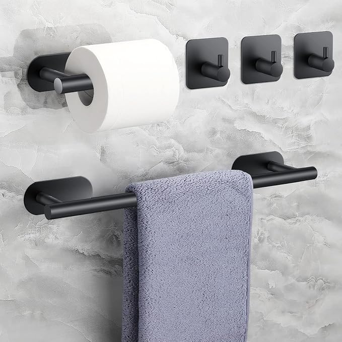 JiGiU 16-Inch Towel Bar, Self Adhesive Bath Hardware Set Bathroom Towel Holder with Toilet Paper Holder & 3 Packs Towel Hooks Stainless Steel Bathroom Hardware Accessory Kit, No Drilling-Black | Wall Mounted Towel Holder, Bathroom Accessories, Stainles...