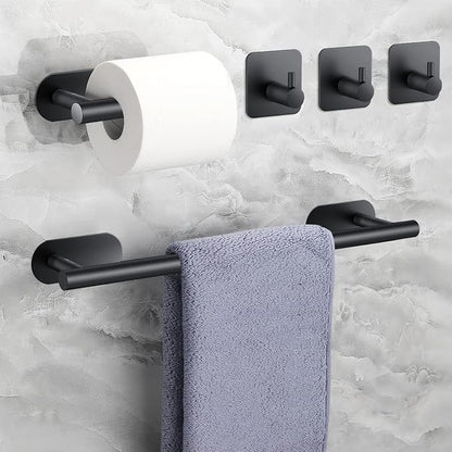 JiGiU 16-Inch Towel Bar, Self Adhesive Bath Hardware Set Bathroom Towel Holder with Toilet Paper Holder & 3 Packs Towel Hooks Stainless Steel Bathroom Hardware Accessory Kit, No Drilling-Black | Wall Mounted Towel Holder, Bathroom Accessories, Stainles...