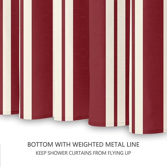 Tititex Cute Candy Cane Striped 140gsm Faux Linen Fabric Shower Curtain, Elegant Classic Burgundy Red Shower Curtain Sets Decoration 72x72 Inch with Hooks