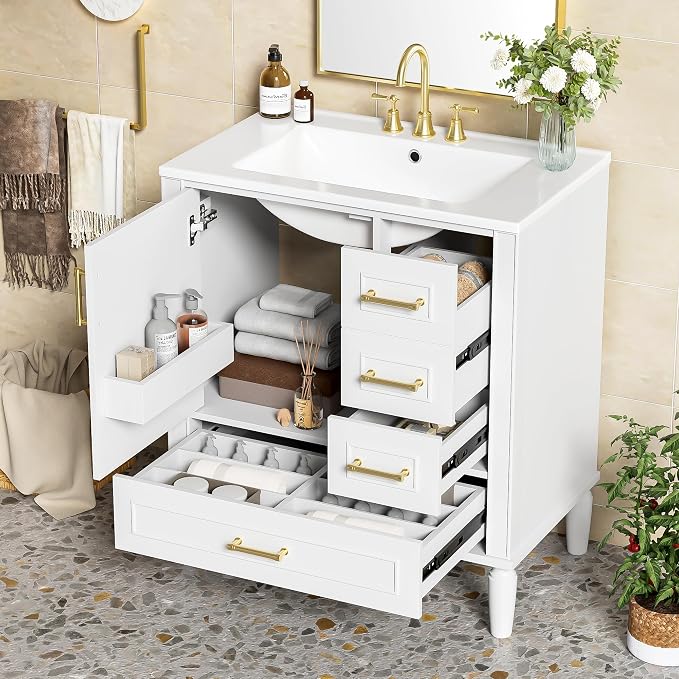 30" Bathroom Vanity with Sink,Free Standing Single Basin Vanity Set w/ 3 Drawers & Soft Closing Door,Solid Wood Frame,Metal Handles,Modern Storage Cabinet for Small Space,White