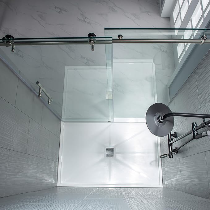 WOODBRIDGE 44-48"Wx76"H Frameless Shower Door,3/8(10mm)Clear Tempered Glass with Explosion-Proof Film, Brushed Nickel Finish with Smooth Closing Design