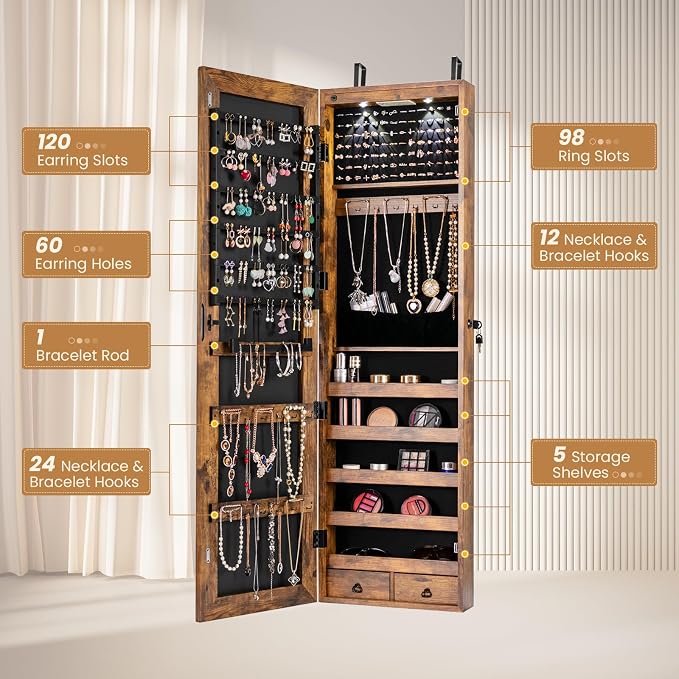 Jewelry Armoire Wall or Door Mounted, Full-Length Mirror with Storage, Lockable Mirror Jewelry Cabinet w/ 2 Drawers, LED Lights, Over the Door Jewelry Organizer Box for Women Girls