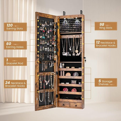 Jewelry Armoire Wall or Door Mounted, Full-Length Mirror with Storage, Lockable Mirror Jewelry Cabinet w/ 2 Drawers, LED Lights, Over the Door Jewelry Organizer Box for Women Girls