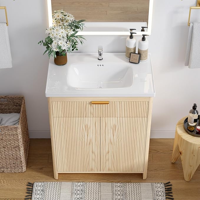 Bathroom Vanity with Sink, 32 Inch Single Bathroom Vanity with Sink with Storage Cabinet for Small Space, Freestanding Storage Bathroom Vanity with 2 Soft Closing Cabinets, Nature Wood