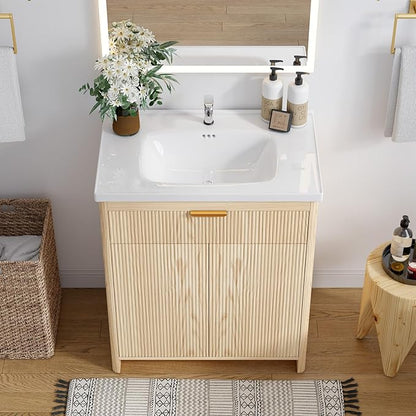 Bathroom Vanity with Sink, 32 Inch Single Bathroom Vanity with Sink with Storage Cabinet for Small Space, Freestanding Storage Bathroom Vanity with 2 Soft Closing Cabinets, Nature Wood