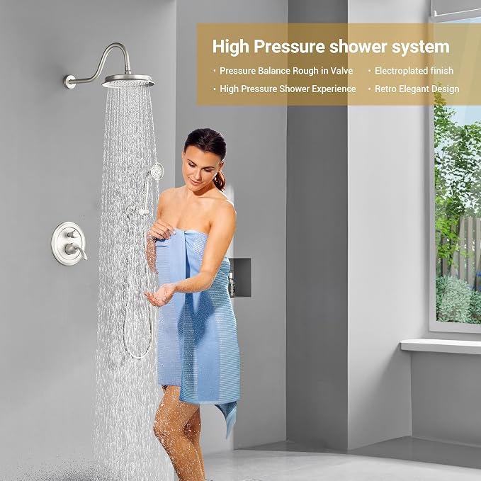 DASAN Rain Shower System Complete Antique Shower Faucet Sets, Shower Fixtures Combo with Pressure Balance Valve, Trim Kit, 9’’ Rainfall Overhead Shower & Handheld, Color Brushed Nickel AT209C-BN