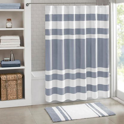 Madison Park Spa Waffle Shower Curtain for Bathroom, 72 x 72, Indigo Blue | Striped, Pieced Fabric Design, 3M Scotchgard Moisture Management, Hotel Quality, Modern, for Bathroom, OEKO-TEX Certified