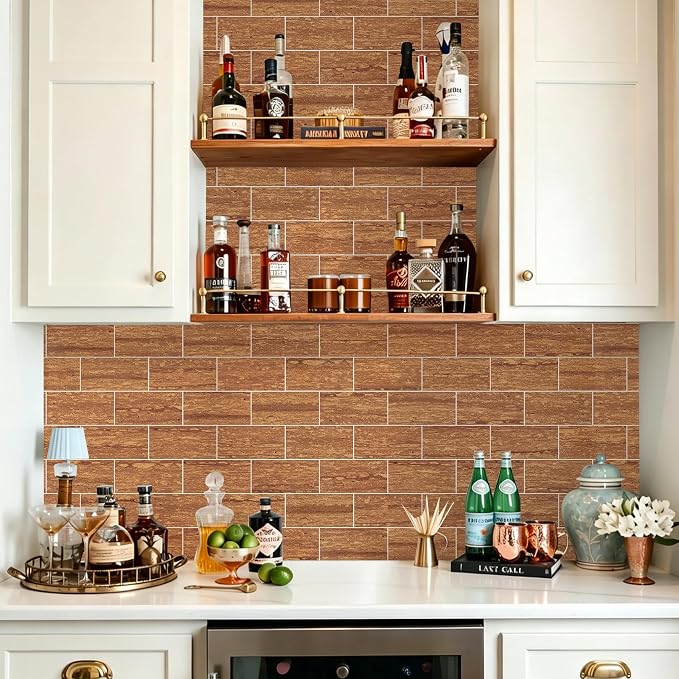 STICKGOO 10-Sheet Backsplash Peel and Stick Subway Tile(Thicker Design, Faux Red Travertine)