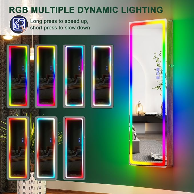 HNEBC Over the Door Jewelry Organizer with LED RGB Lights, 47.2" Full Length Mirror with Storage, Wall Mounted Jewelry Armoire, Hanging Mirror with 2 Drawers,Lokable,3 Shelves-Wood