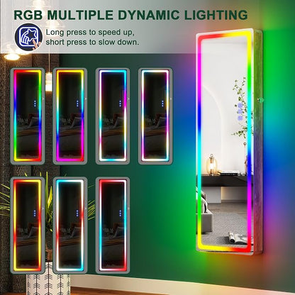 HNEBC Over the Door Jewelry Organizer with LED RGB Lights, 47.2" Full Length Mirror with Storage, Wall Mounted Jewelry Armoire, Hanging Mirror with 2 Drawers,Lokable,3 Shelves-Wood