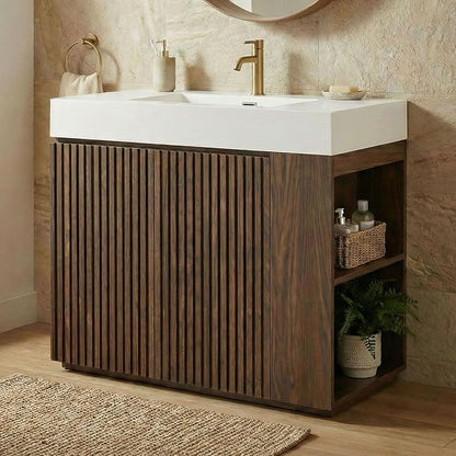36" Bathroom Vanity with Sink Combo, Mid Century Modern Bathroom Cabinet with Doors & Open Shelf, Glossy White Integrated Sink with Overflow, Brown Walnut