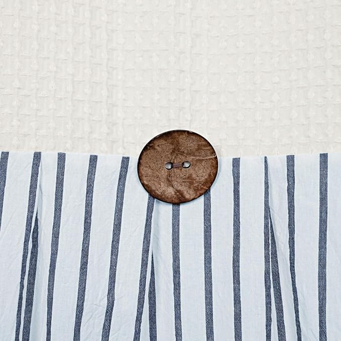 DOSLY Ides Farmhouse Shower Curtain, Beige and Blue Striped, Button Curtain, Spa Waffle and Cotton Woven Fabric, Rustic Charm Country Chic Style, 72x72 in, Bathroom