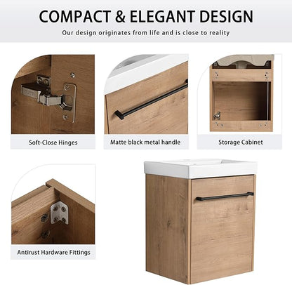 18" Bathroom Vanity with Sink, 18 Inch Floating Vanity, Modern Brown Bathroom Vanity Set, Single Sink Wall Mounted Vanity Combo with 1 Door