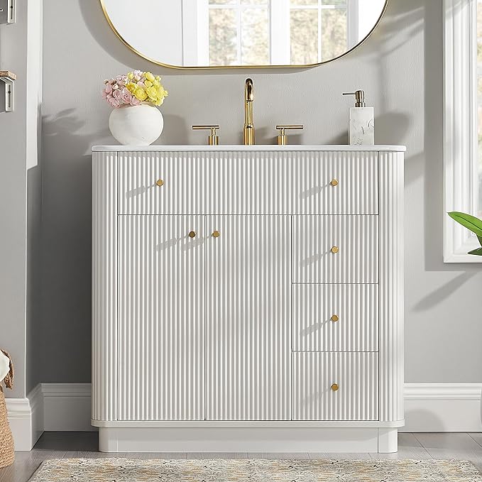 T4TREAM 36 Inch Bathroom Vanity with Sink, Modern Fluted Single Bathroom Vanity with Sink with Storage Cabinet, Adjustable Shelf and 3 Small Drawers, Solid White