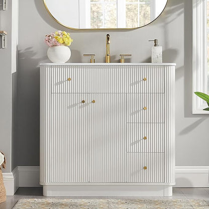 T4TREAM 36 Inch Bathroom Vanity with Sink, Modern Fluted Single Bathroom Vanity with Sink with Storage Cabinet, Adjustable Shelf and 3 Small Drawers, Solid White