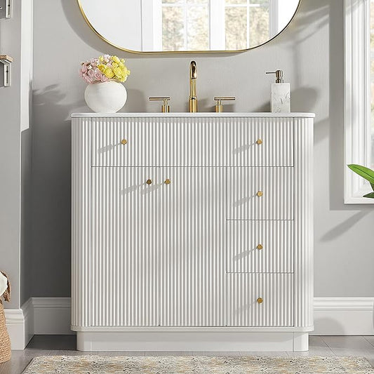 T4TREAM 36 Inch Bathroom Vanity with Sink, Modern Fluted Single Bathroom Vanity with Sink with Storage Cabinet, Adjustable Shelf and 3 Small Drawers, Solid White