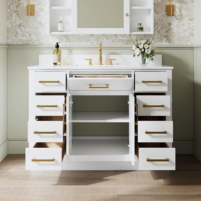 48-Inch Bathroom Vanity with Sink W/ 2 Doors & 8 Drawers & 1 Flip Drawer, White Vanity W/Brushed Gold Handles