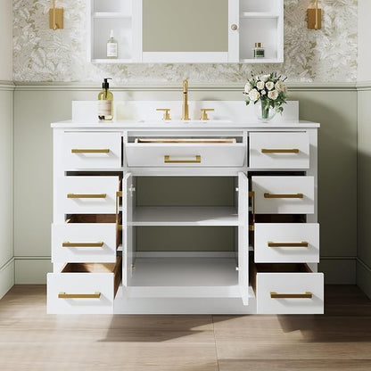 48-Inch Bathroom Vanity with Sink W/ 2 Doors & 8 Drawers & 1 Flip Drawer, White Vanity W/Brushed Gold Handles
