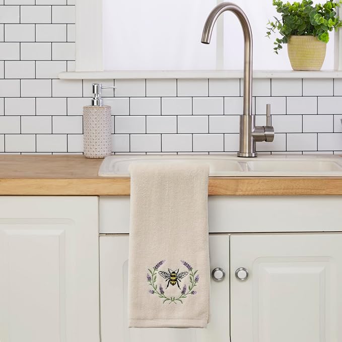 SKL Home Bee Lavender Hand Towel Set-2pc, 100% Cotton, Embroidered, Natural | Soft, decorative velour. For use in the bathroom, kitchen or bar & makes a great gift.