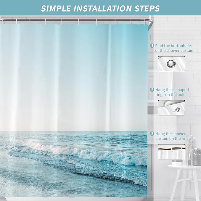 Ocean Beach Coastal Seaside Shower Curtain for Bathroom 72W*72H Inch Nautical Summer Seacoast Beachy Waves Bathtub Decor Seascape Neutral Waterproof Polyester Fabric Set with 12 Hooks