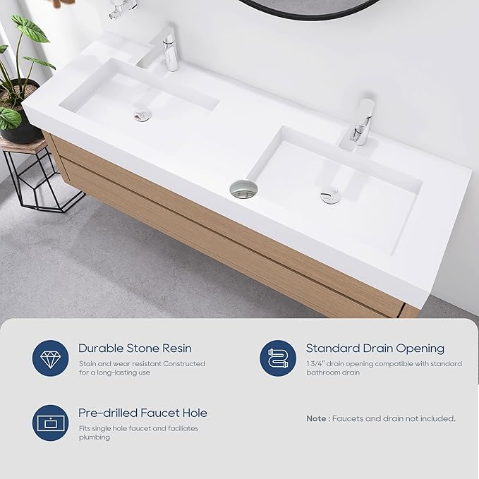 SJ STAR&JANE 59" x 19" Solid Surface Bathroom Double Vessel Sink, Wall Mounted Sink, Stone Resin Countertop With Double Bowl in Matte White Rectangle Double Floating Vanity Sink Durable Modern Design