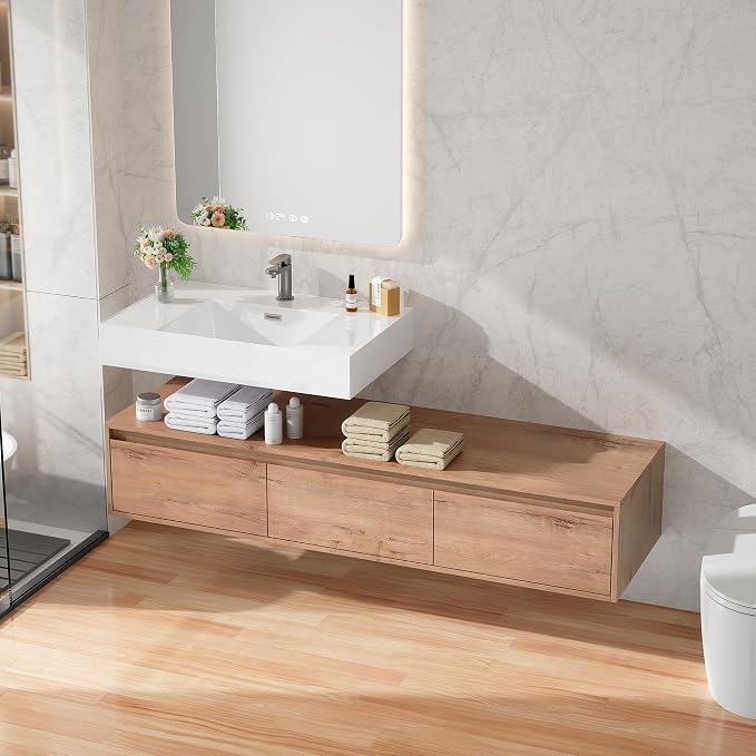 60 Inch Floating Bathroom Vanity with Single Sink, Modern Wall-Mounted Bathroom Cabinet with Resin Sink & Soft Close Drawer, Split-Level Layout (Nature Oak, 60")