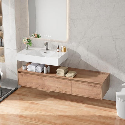 60 Inch Floating Bathroom Vanity with Single Sink, Modern Wall-Mounted Bathroom Cabinet with Resin Sink & Soft Close Drawer, Split-Level Layout (Nature Oak, 60")