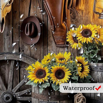 Farmhouse Western Shower Curtain, Rustic Country Cowboy Barn Door Bath Curtain Set, Brown Southwest Cowboys Boots Hat Bull Sunflowers Bathroom Decor Accessories with Hooks 60X70IN