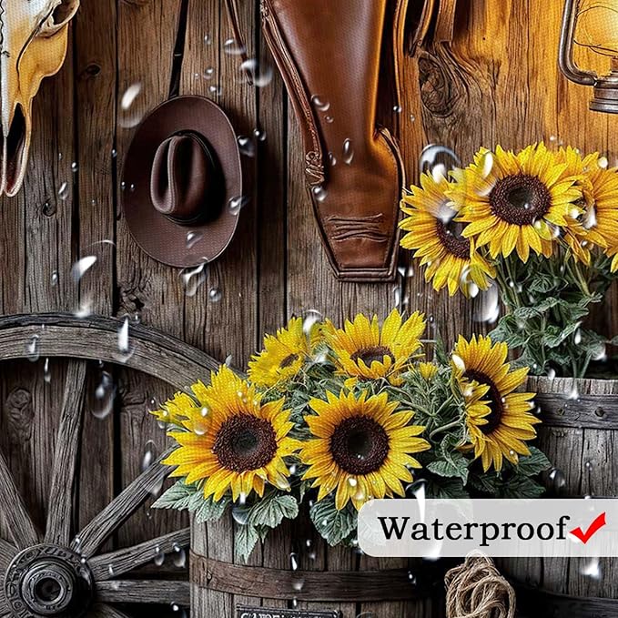 Farmhouse Western Shower Curtain, Rustic Country Cowboy Barn Door Bath Curtain Set, Brown Southwest Cowboys Boots Hat Bull Sunflowers Bathroom Decor Accessories with Hooks 70X70IN