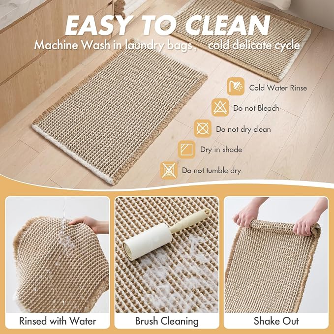 MIULEE Set of 2 Waffle Bathroom Rugs Boho Bath Mat Brown&White 18x30 Inch | Non Slip, Super Absorbent, Washable, Ultra Soft, Rubber Backed, Beige Bath Rugs for Bathroom Floor Tub Shower