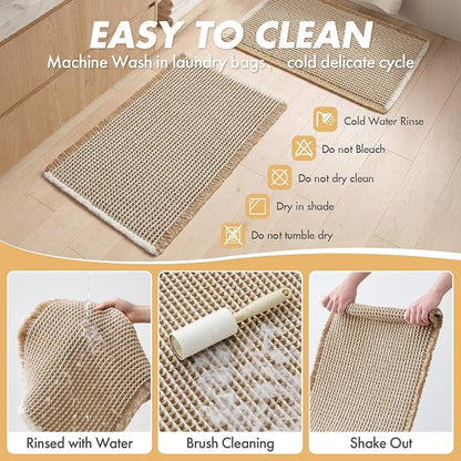 MIULEE Set of 2 Waffle Bathroom Rugs Brown&White Bath Mat 17"x24"+20"x47" | Non Slip, Super Absorbent, Washable, Ultra Soft, Rubber Backed, Small Boho Bath Rug and Bathroom Runner for Floor Tub Shower