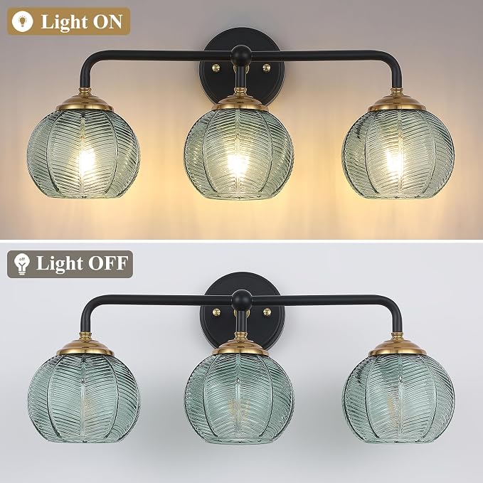 Mecgirn Bathroom Vanity Light Fixtures, 3-Light Green Glass Shade, Modern Black and Gold Wall Sconce, Unique Textured Leaf Pattern, Ceramic E26 Sockets Wall Mounted for Mirror, Cabinet, Hallway