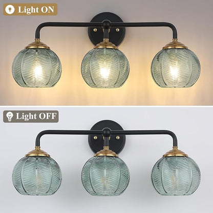 Mecgirn Bathroom Vanity Light Fixtures, 3-Light Green Glass Shade, Modern Black and Gold Wall Sconce, Unique Textured Leaf Pattern, Ceramic E26 Sockets Wall Mounted for Mirror, Cabinet, Hallway