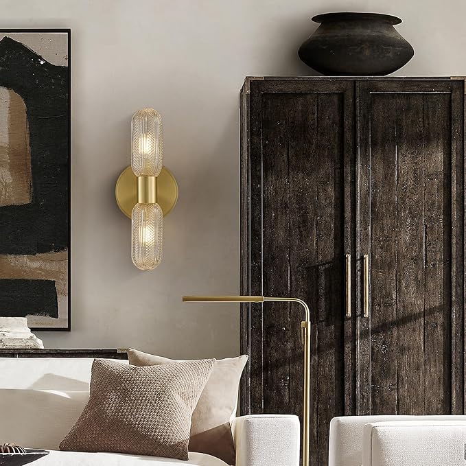 Brushed Brass Wall Sconce, Knurled Double Glass, Bulb Included | 12.3in 2-Light Hardwired Wall Light,Perfect for Bathroom Living Room Vanity Mirror Bedroom Hallway and Entryway