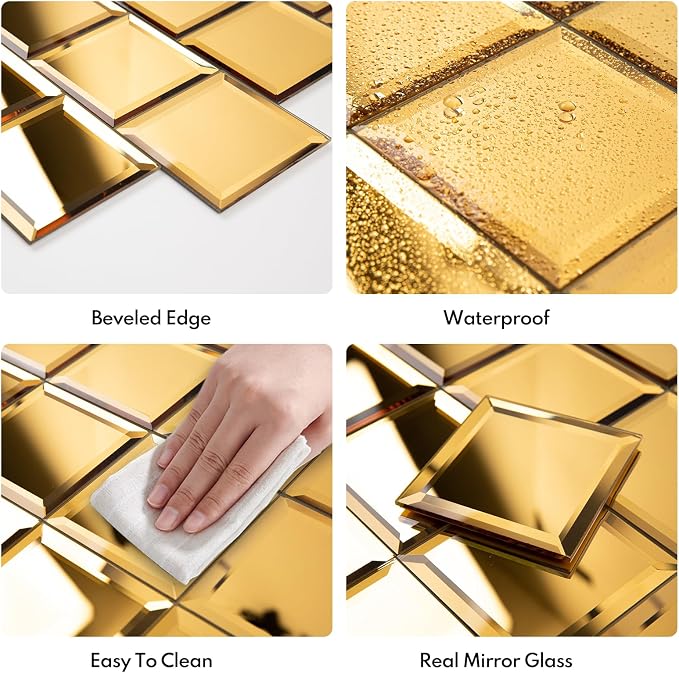 Peel and Stick 3 Inch Gold Mirror Backsplash, Square Tile for Kitchen Bathroom (32 Sheets, 2 SQ.FT.)