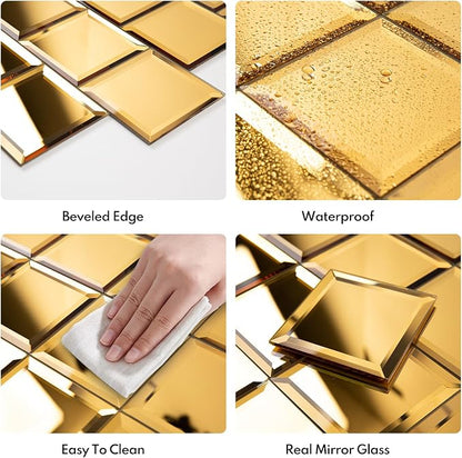 Peel and Stick 3 Inch Gold Mirror Backsplash, Square Tile for Kitchen Bathroom (32 Sheets, 2 SQ.FT.)