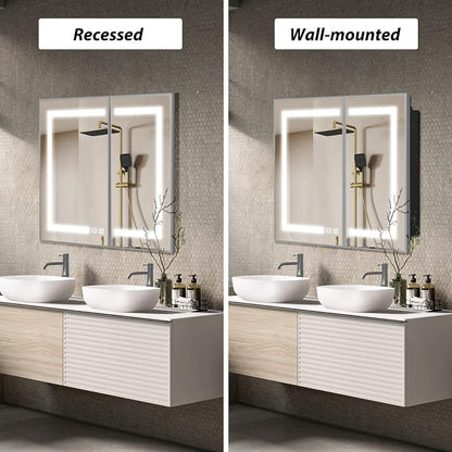 APRILSOUL 36x30 Inch Lighted Bathroom Medicine Cabinet with Mirror, Silver Recessed or Surface Mount Medicine Cabinet Mirror with Storage and LED Lights, 3 Colors Temperature, Dimmable Light