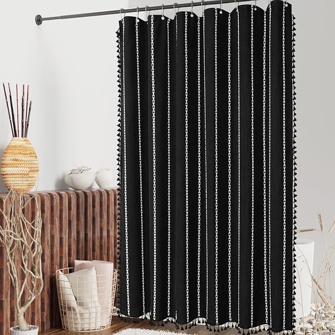 MitoVilla Boho Extra Long Shower Curtain 72 x 84, Black 84 inch XL Polyester Linen Tassel Fabric Shower Curtain Set with Hooks for Vintage Country Farmhouse Bathroom Decor, Thick & Wrinkle Resistant
