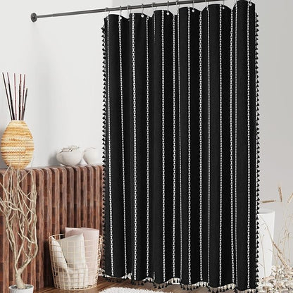 MitoVilla Boho Extra Long Shower Curtain 72 x 96, Black Modern Farmhouse 96 inch XL Polyester Linen Texture Tassel Fabric Shower Curtain Set with Hooks for Cottagecore Country Bathroom Decor,Black