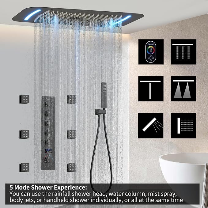 3 Functions Shower Head System Matte Black Shower Faucet Set | 16X26 inch Ceiling Shower, 6 Body Jet, Handheld Shower, Temperature Display, 5 Functions Can All Run Together
