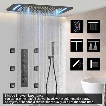 3 Functions Shower Head System Matte Black Shower Faucet Set | 16X26 inch Ceiling Shower, 6 Body Jet, Handheld Shower, Temperature Display, 5 Functions Can All Run Together