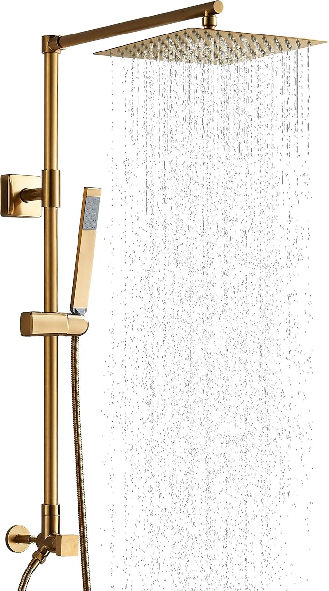 Polaris Lux Rain Shower System, includes 10” Square Rainfall Shower Head and Handheld Shower Combo, Height Adjustable Spray Holder, Retrofit, 60” Hose (2.5 GPM Brushed Gold)