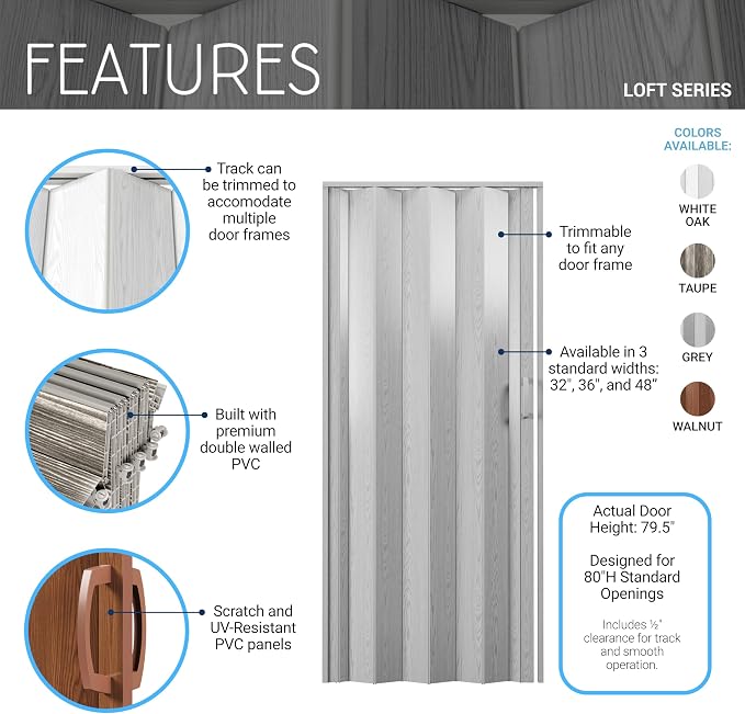 36" x 80" Premium Foldable Accordion Doors,Heavy Duty,Taupe | Foldable accordion doors w/ double‑walled heavy‑duty panels, ideal as interior room dividers for privacy, space‑saving design
