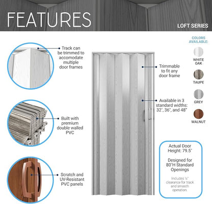 36" x 80" Premium Foldable Accordion Doors,Heavy Duty,Taupe | Foldable accordion doors w/ double‑walled heavy‑duty panels, ideal as interior room dividers for privacy, space‑saving design