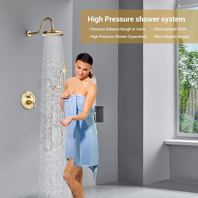 DASAN Rain Shower System Complete Antique Shower Faucet Sets, Shower Fixtures Combo with Pressure Balance Valve, Trim Kit, 9'' Rainfall Overhead Shower & Handheld, Color Brushed Gold AT209W-BTG