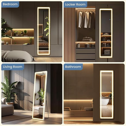 DUMOS LED Mirror Full Length with Stand, 16"x60" Full Body Wall Mirror | LED Lights 3 Color Lighting and Shatterproof Tempered Glass, Wall Hanging or Leaning, Floor Standing, Modern Home Decor