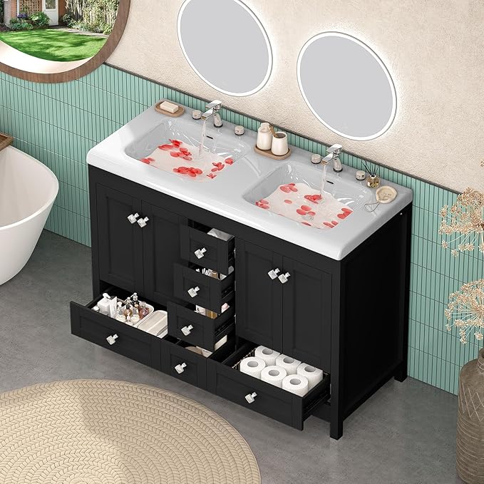 48 Inch Bathroom Vanity with Sink, Bathroom Vanity Cabinet with Doulble Sink, Black Bath Vanities with 4 Doors and 6 Drawers (20" D x 48" W x 36" H)
